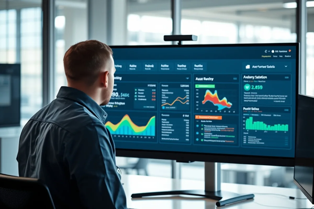 Office worker reviewing an automated workflow dashboard on a large monitor