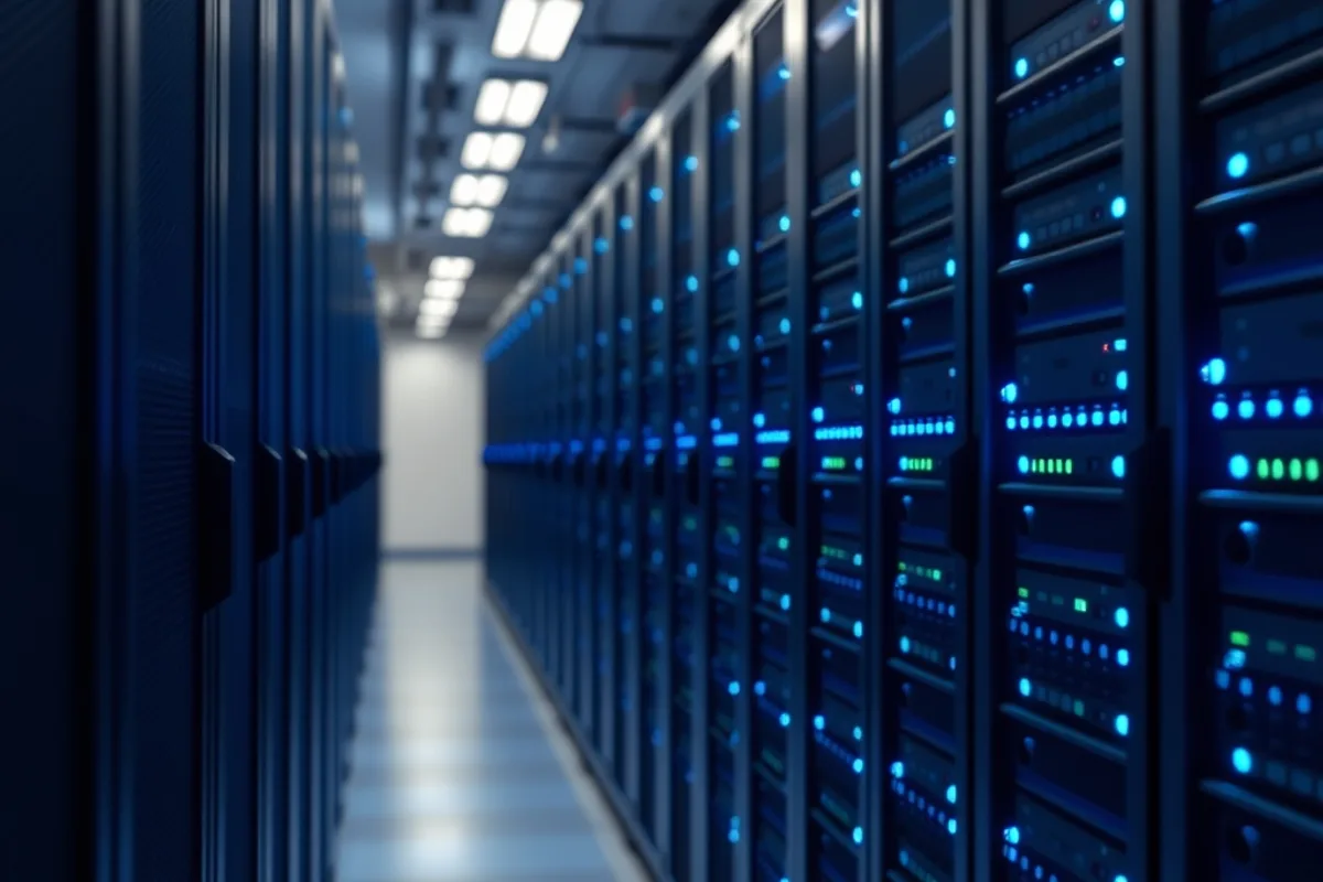 Server racks in a data centre with blue indicator lights
