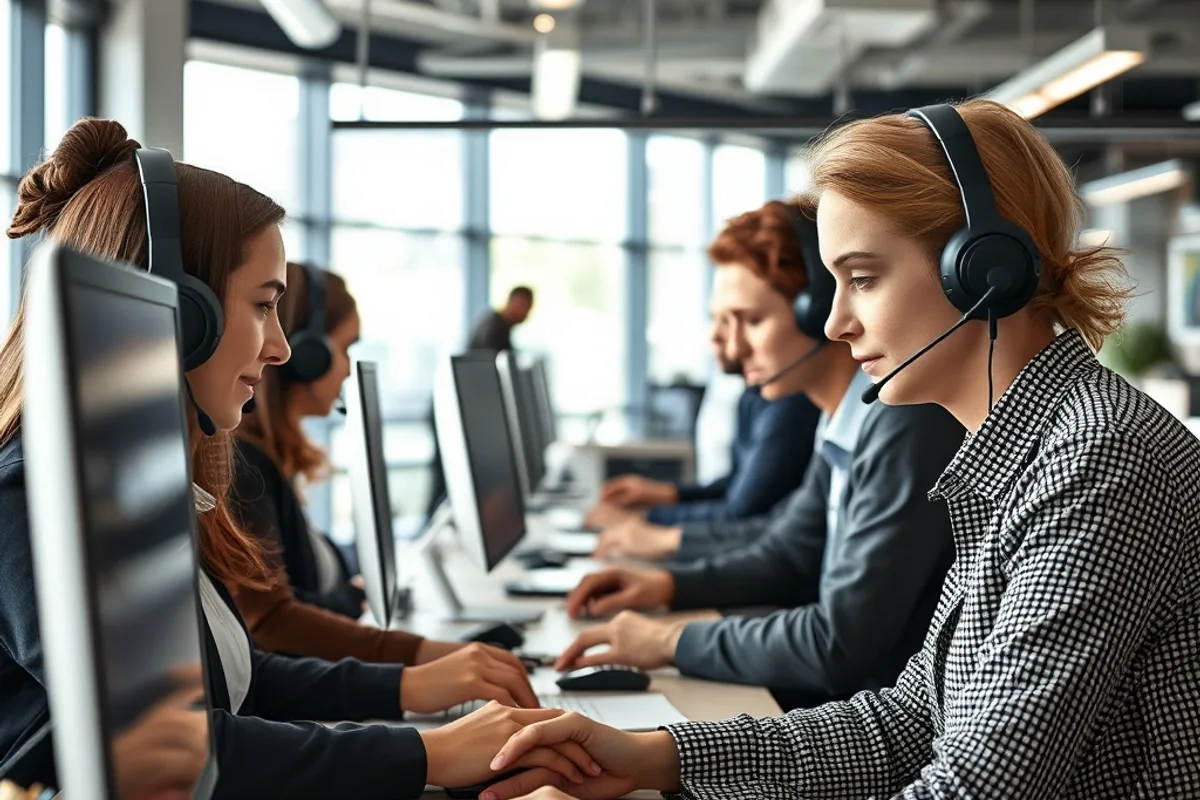 Customer service team working with headsets in a modern office
