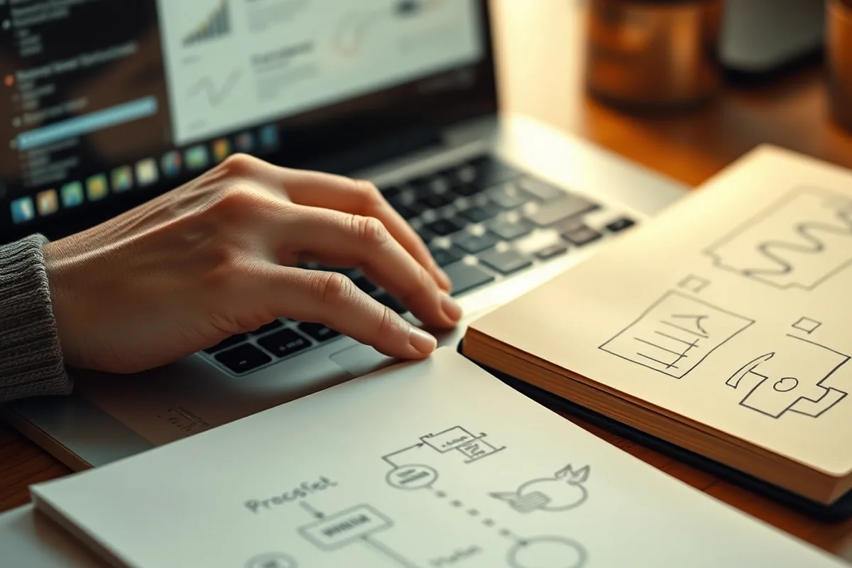 Close-up of hands typing on a laptop beside a notebook with process diagrams