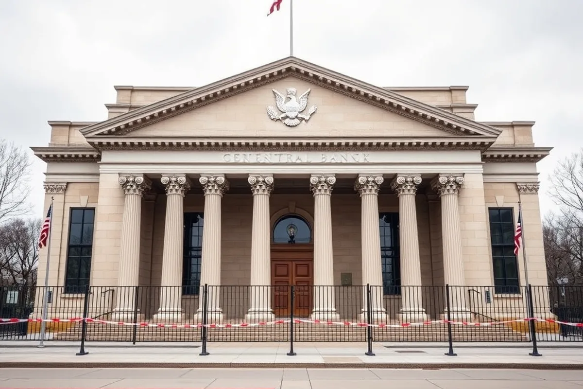 Central bank building facade with columns and a security barrier