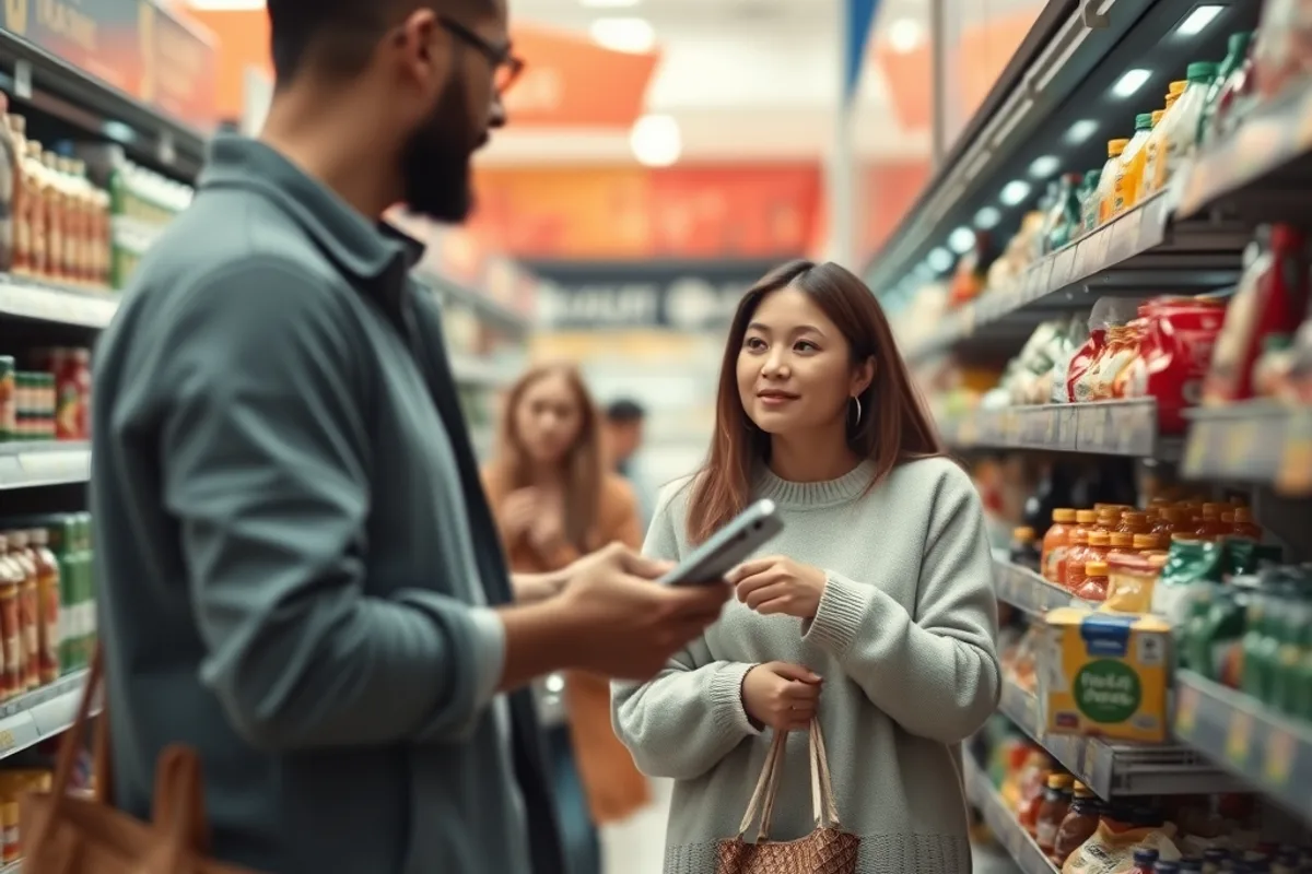 Shoppers comparing prices in a supermarket aisle