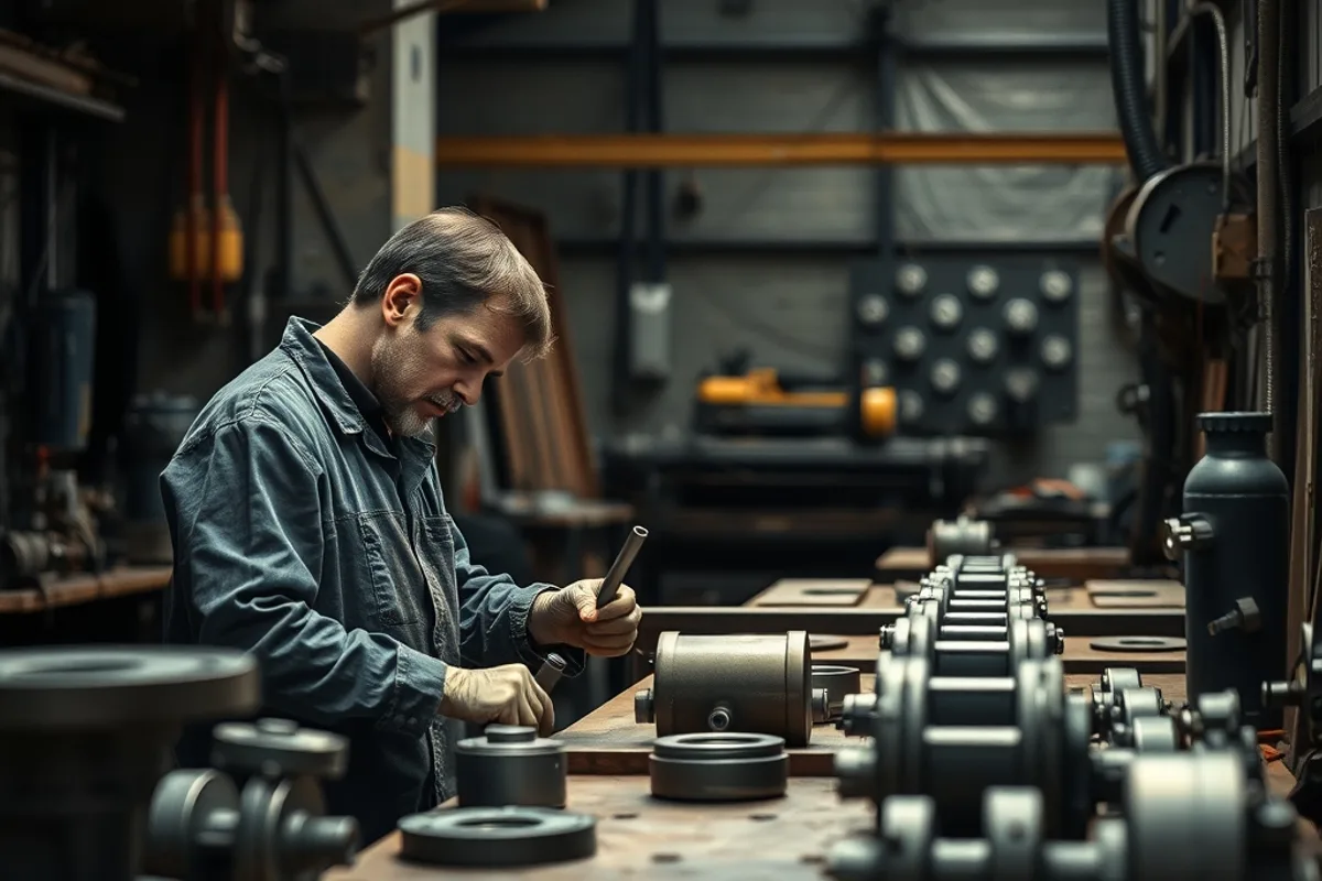 A small manufacturing workshop with a worker inspecting parts