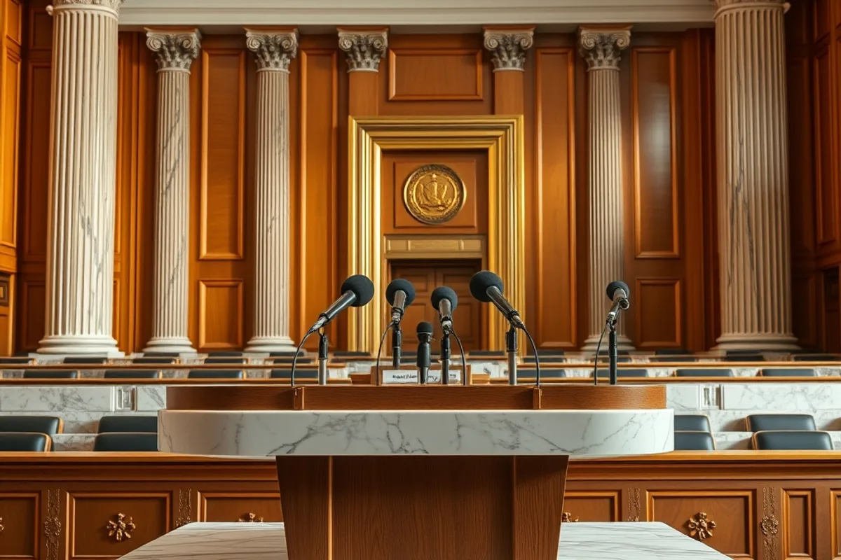 Press conference podium with microphones in a central bank hall