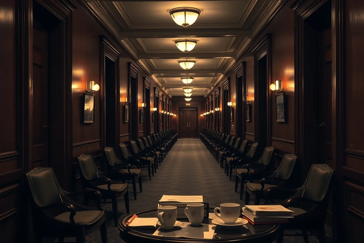 Empty negotiating table in a government meeting room with microphones and water glasses