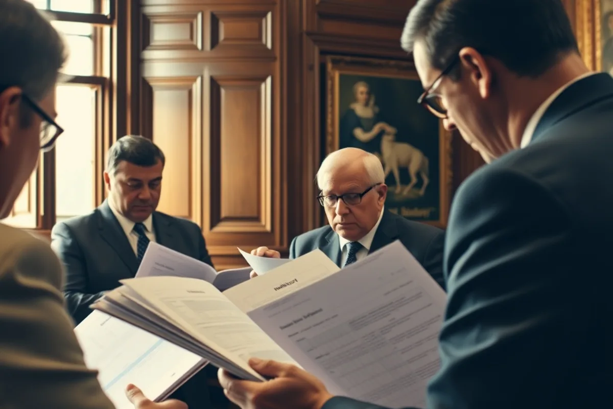 Finance ministry officials reviewing budget documents in a wood-panelled room