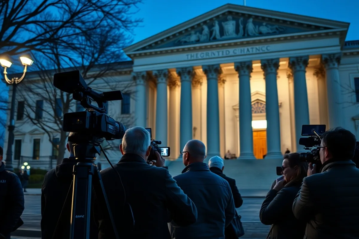 Journalists and cameras waiting outside a government building at night