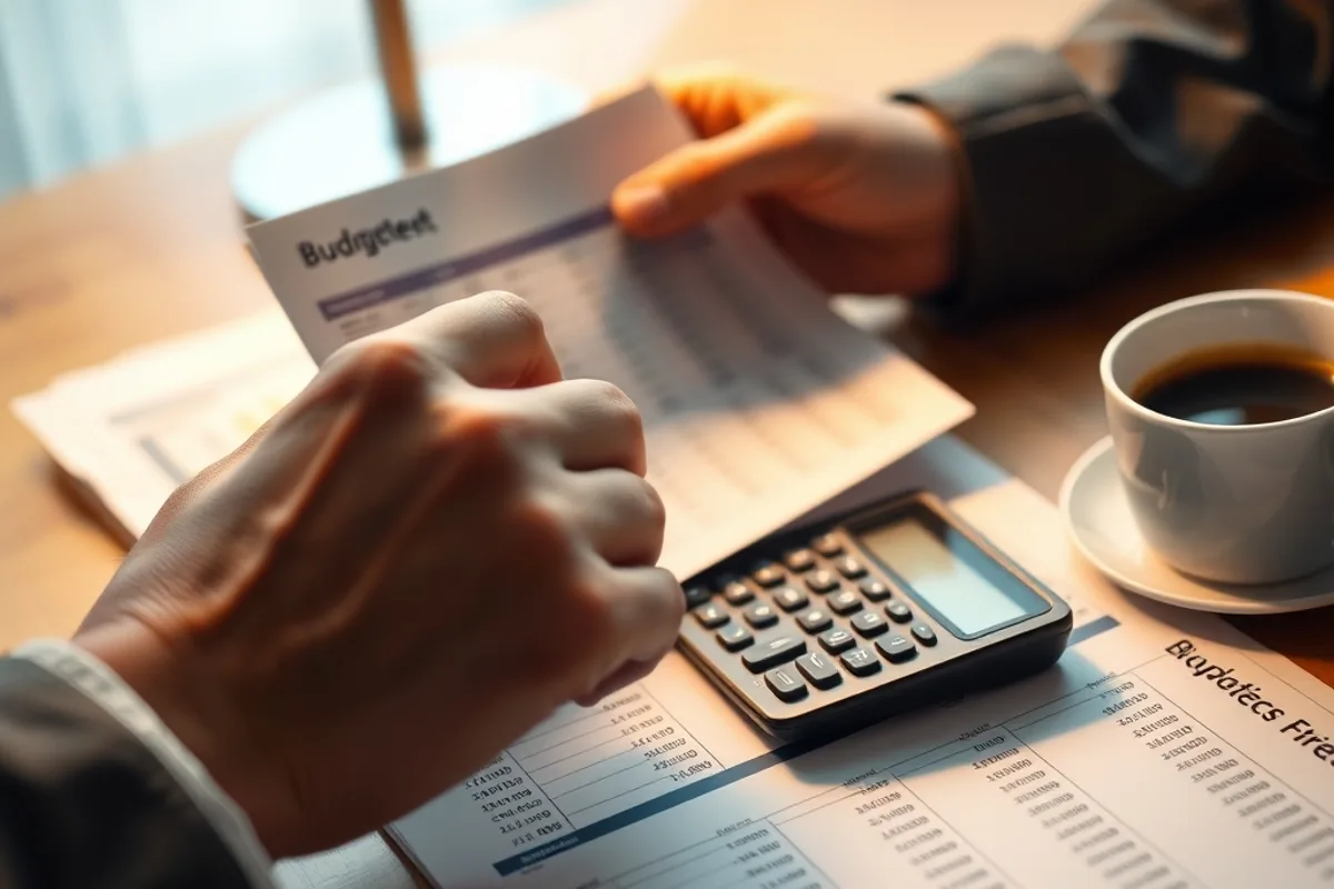 A person reviewing a printed budget table with a calculator and coffee