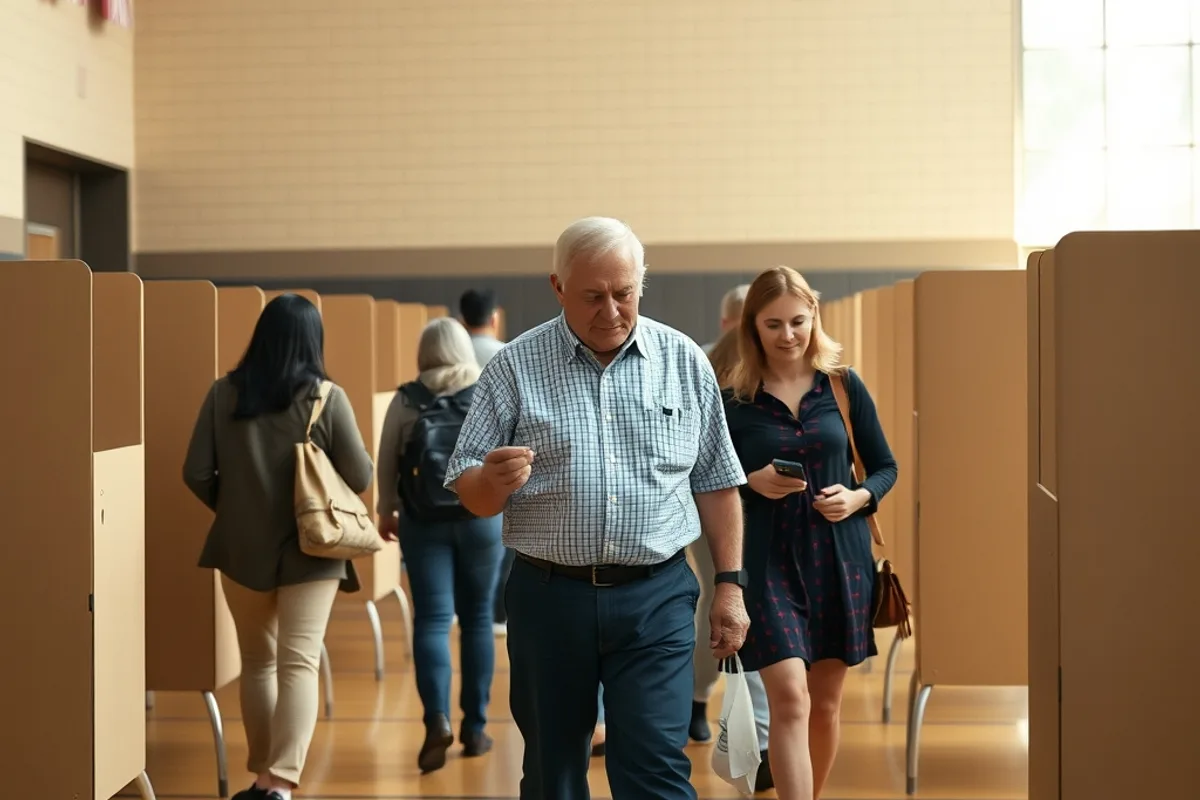 Voters walking into a polling station in a school gymnasium