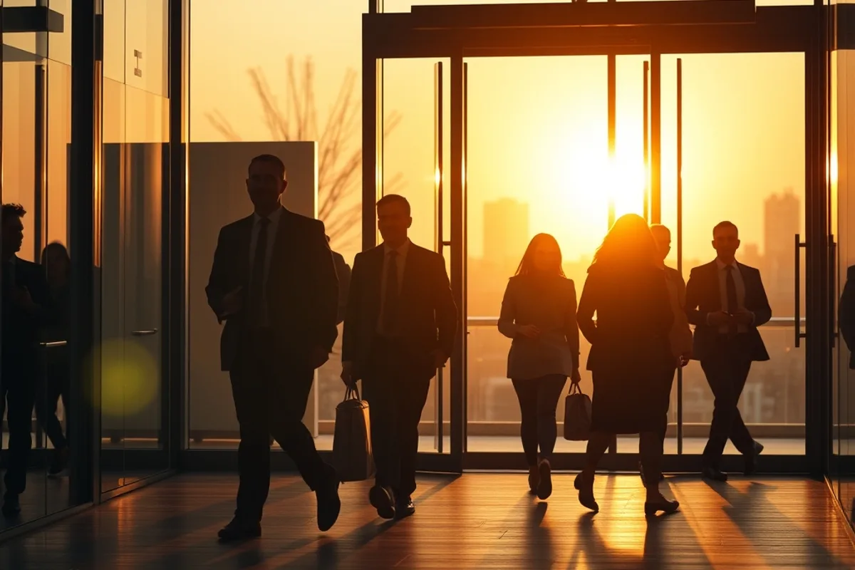 Office team leaving at the end of the day in warm evening light