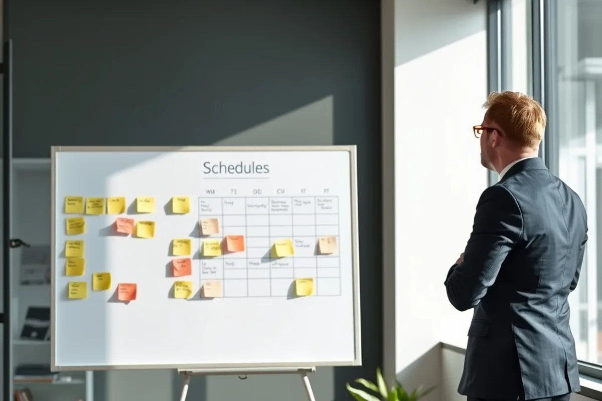Manager reviewing schedules on a whiteboard with sticky notes