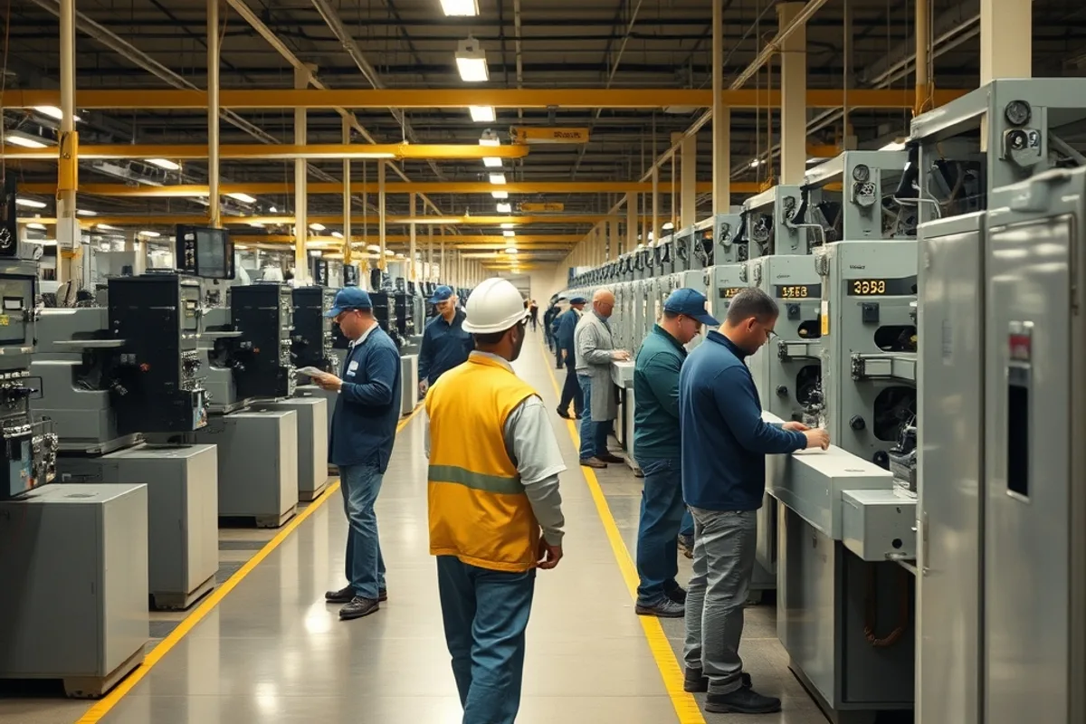 Factory floor with workers changing shifts at a machine line
