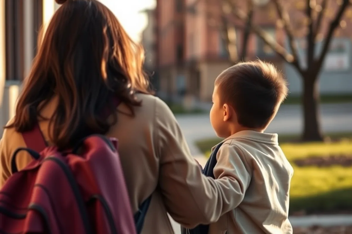 Parent collecting a child from school in the afternoon