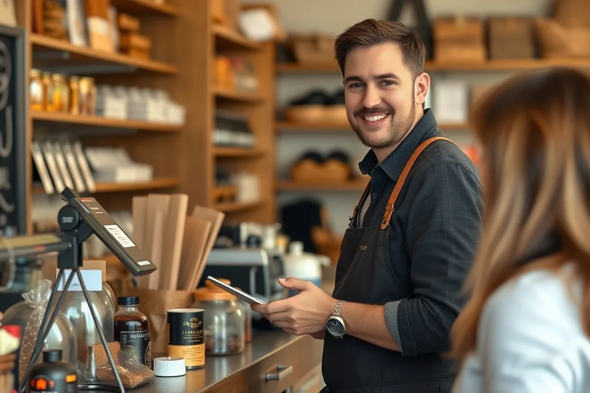 Small business owner serving customers in a shop