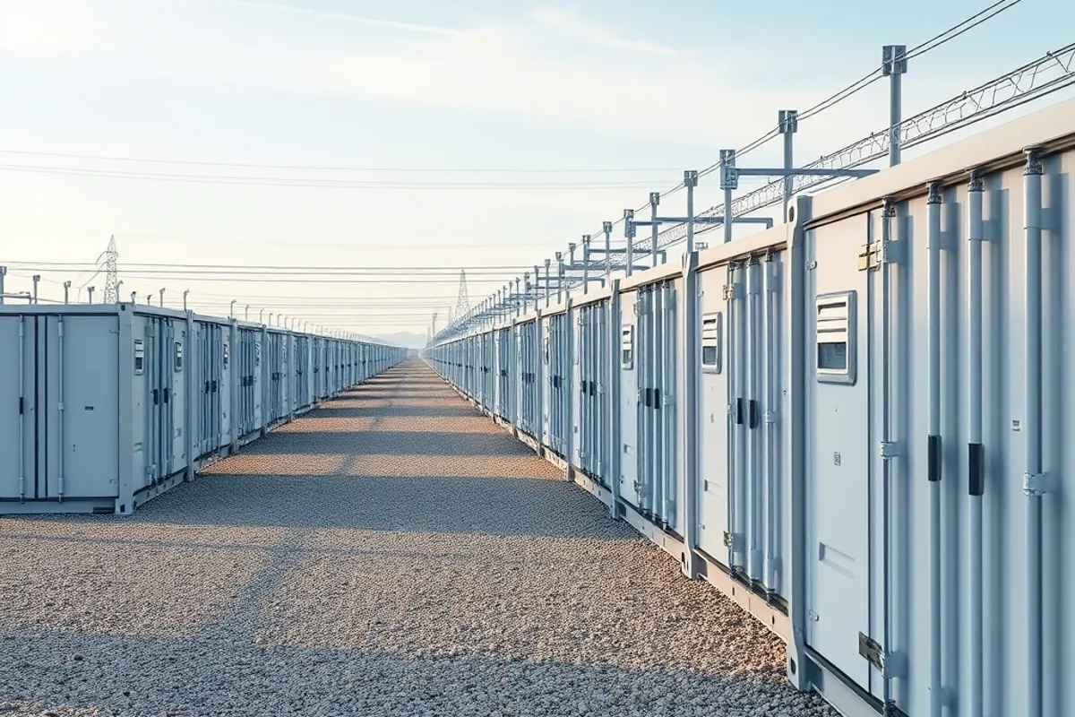 Rows of container-sized battery units at a grid storage site