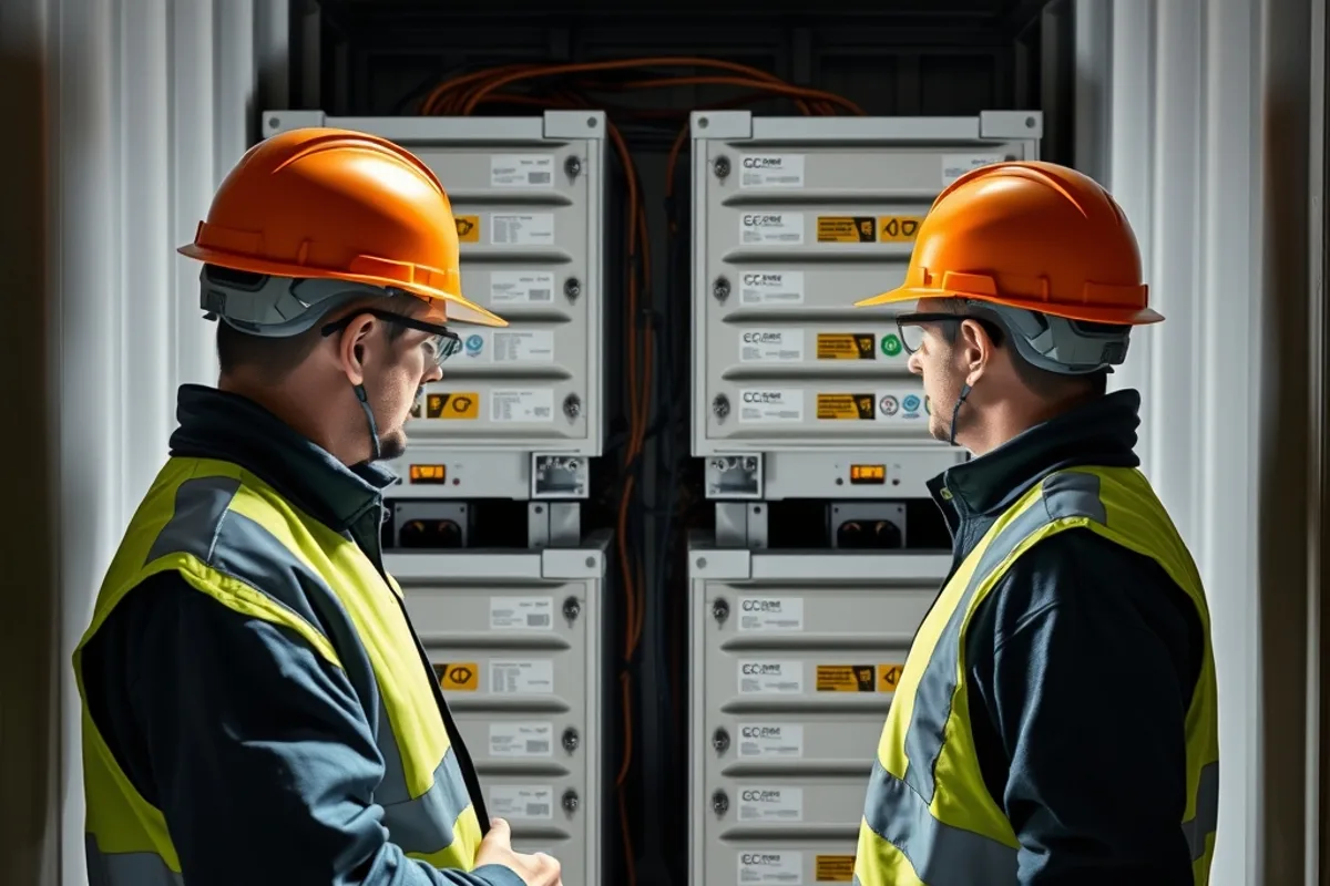 Engineers in safety helmets inspecting battery modules