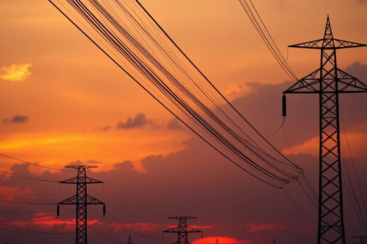 Power lines and a substation at sunset