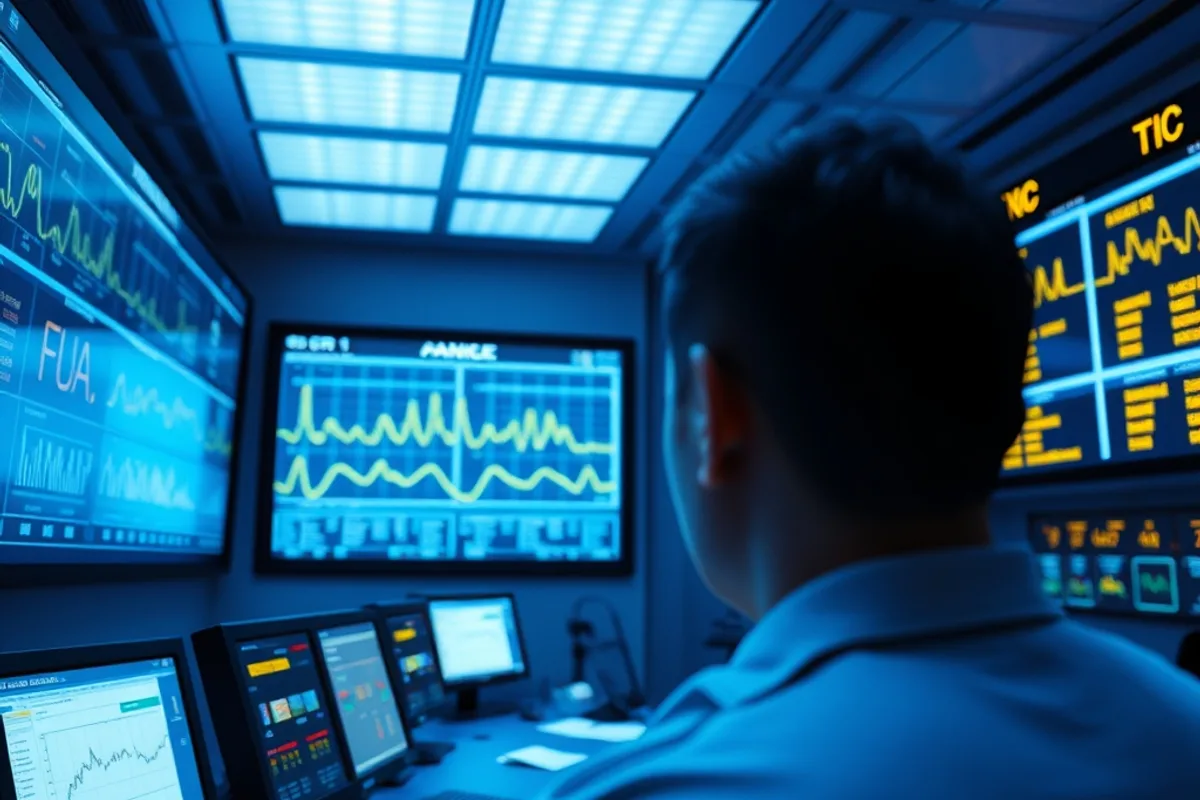Control room with operators monitoring grid frequency data