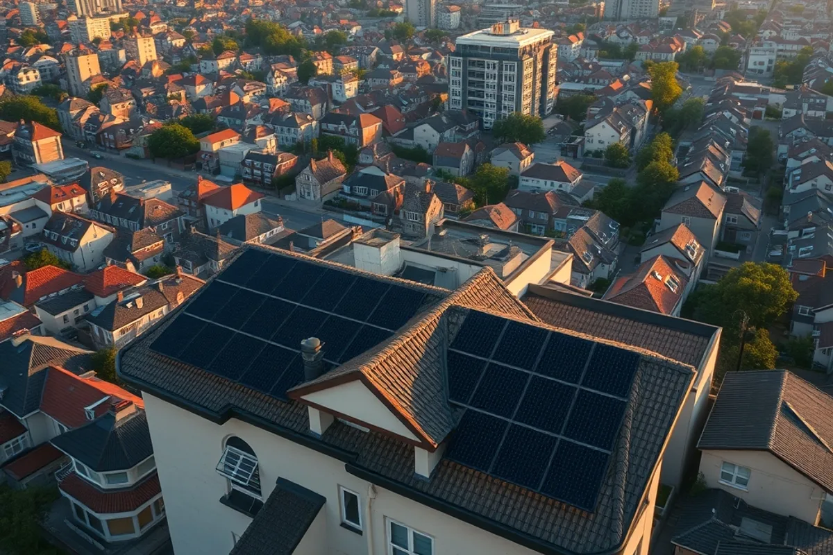 Rooftop solar panels above a city neighbourhood