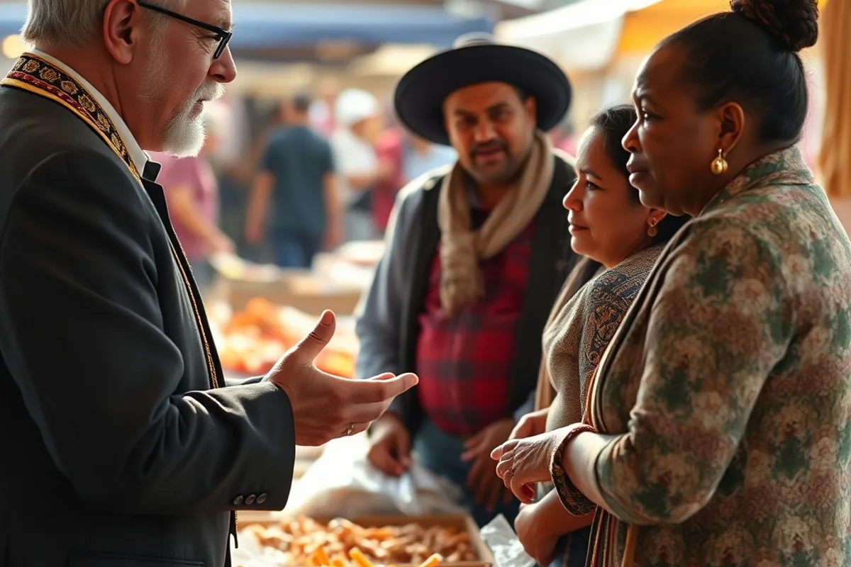 Mayor speaking with residents at an outdoor market stall