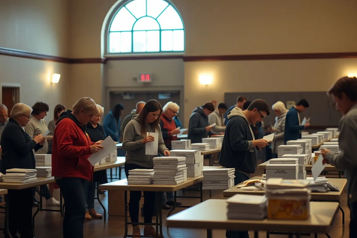 Volunteers counting paper ballots in a community hall