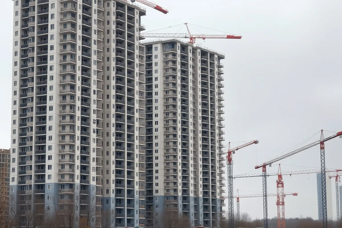 New apartment blocks under construction beside older low-rise housing
