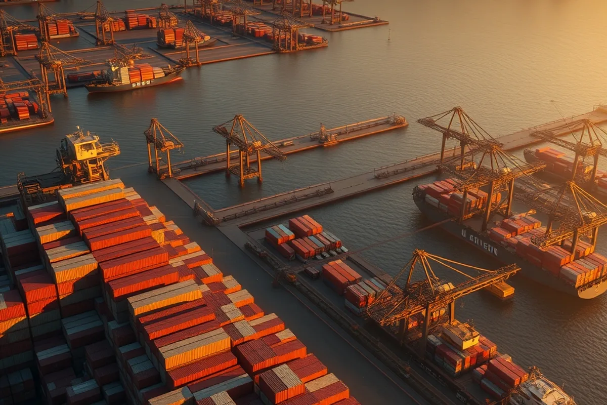Aerial view of a container terminal at first light with stacked boxes and berthed ships