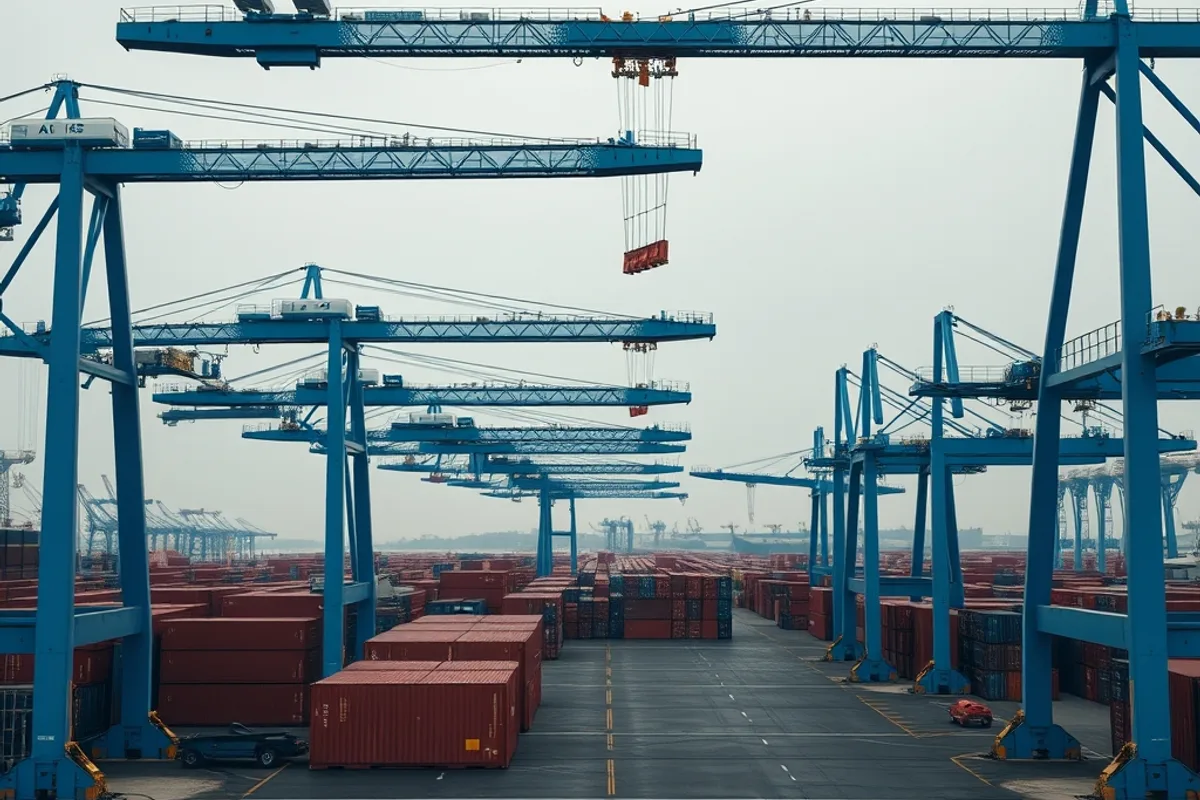 Idle gantry cranes above an empty container yard