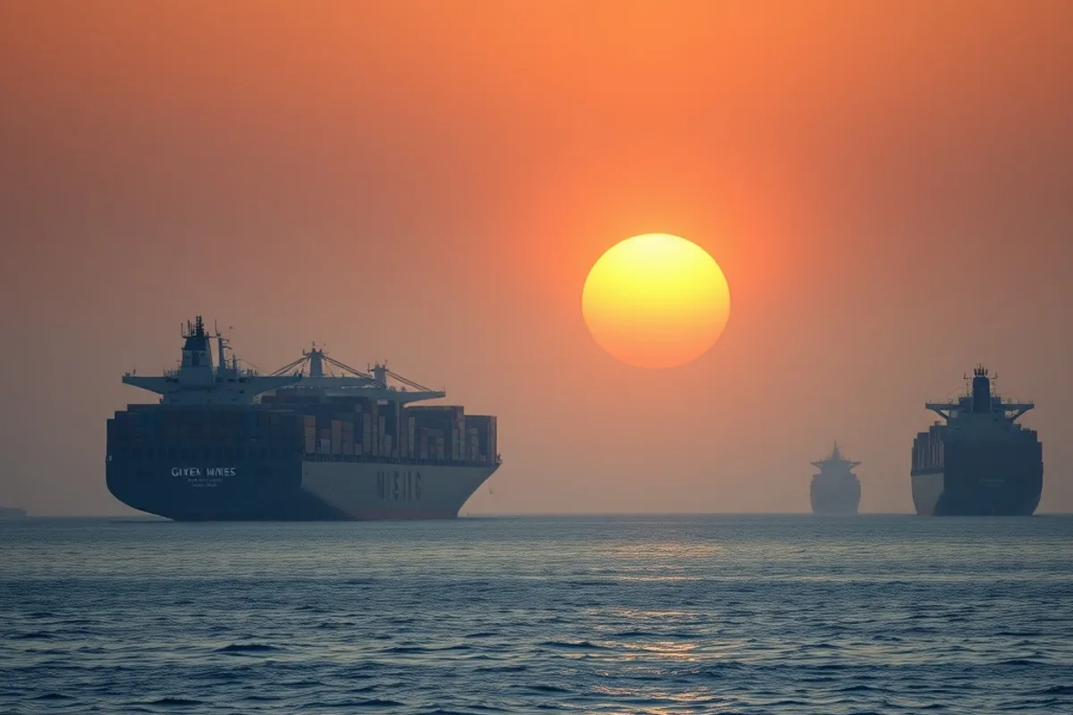 Container ships waiting at anchor outside a major port