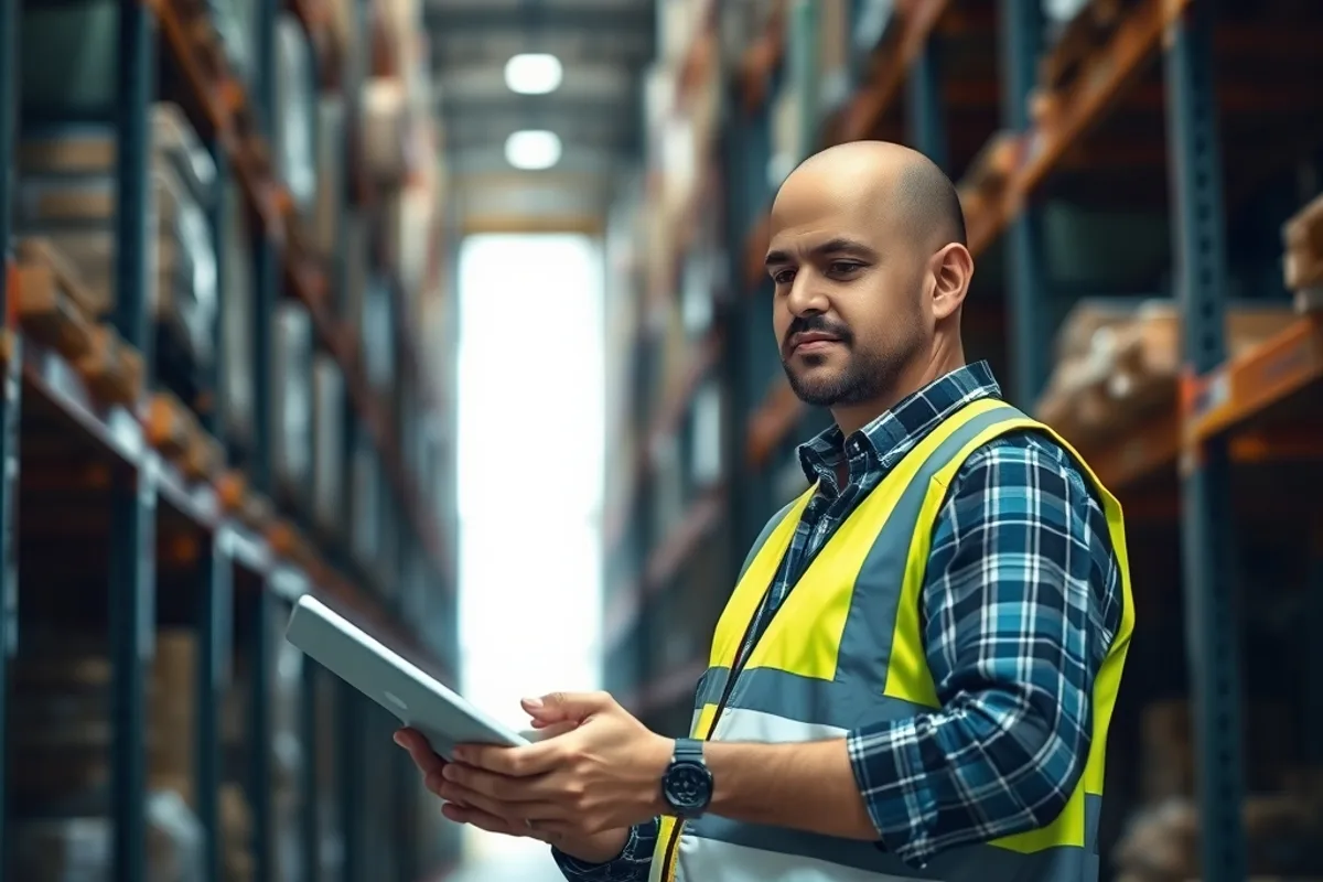 Warehouse worker checking inventory on a tablet between tall pallet racks