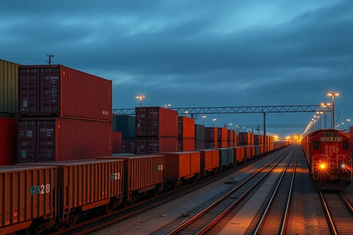 Freight trains loaded with containers in a rail yard at dusk