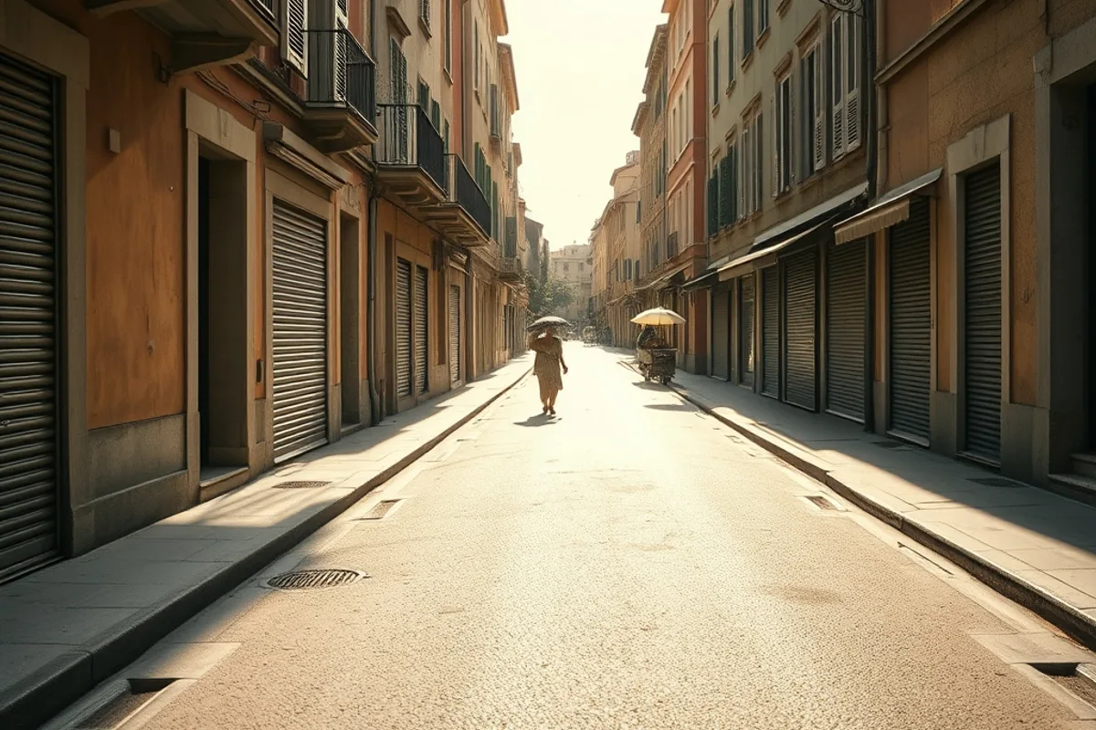 Sun blazing over a dry city street with heat shimmer and few pedestrians