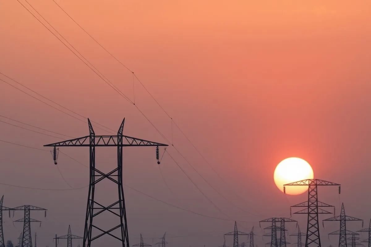 Electrical substation and power lines with heat haze at sunset