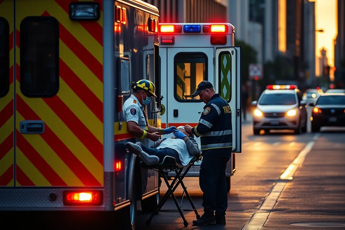 Paramedics treating a patient beside an ambulance in warm evening light