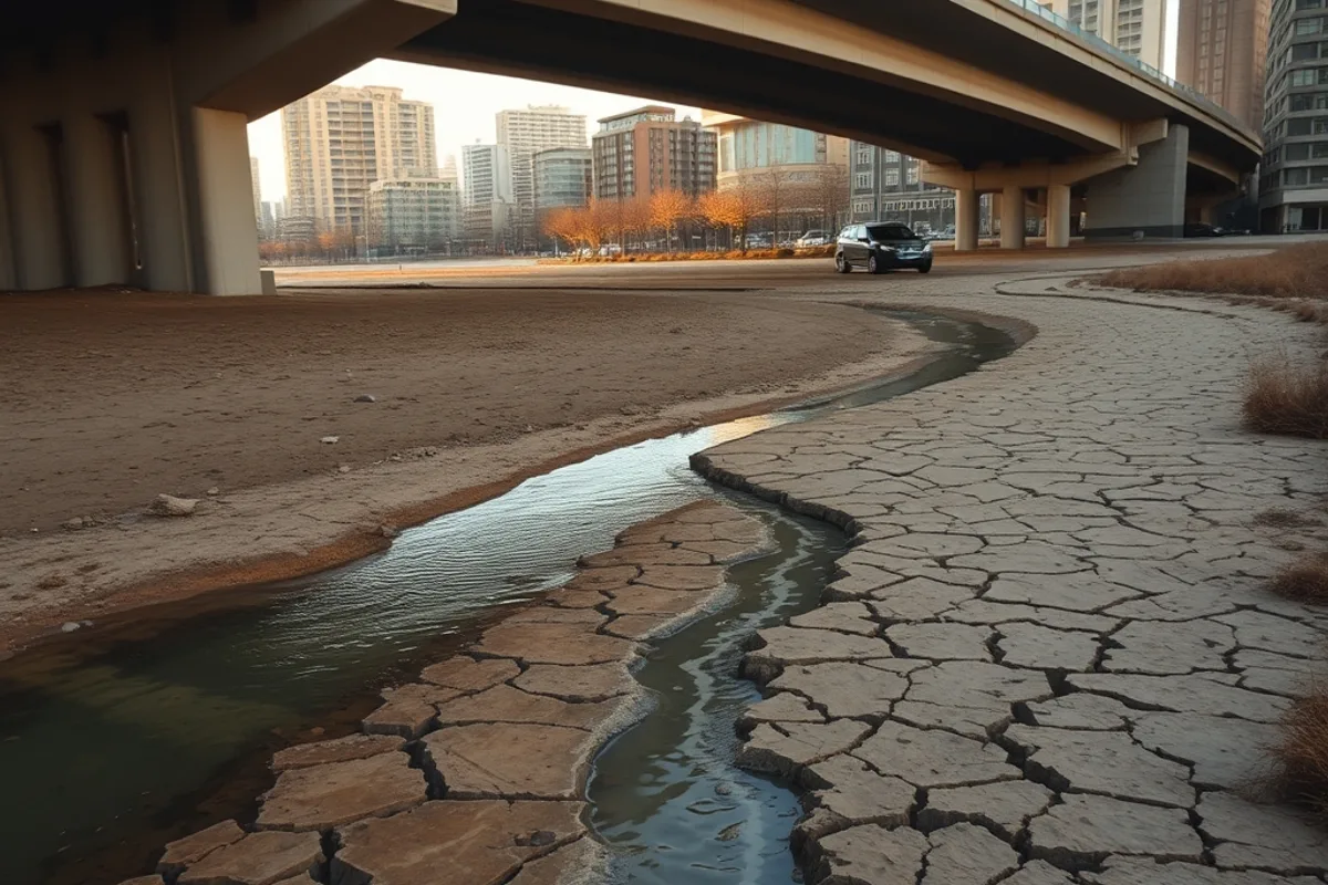Dry cracked riverbed with a small stream under a bridge in a city