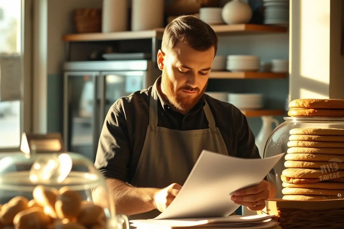 Owner of a small bakery reviewing paperwork behind the counter