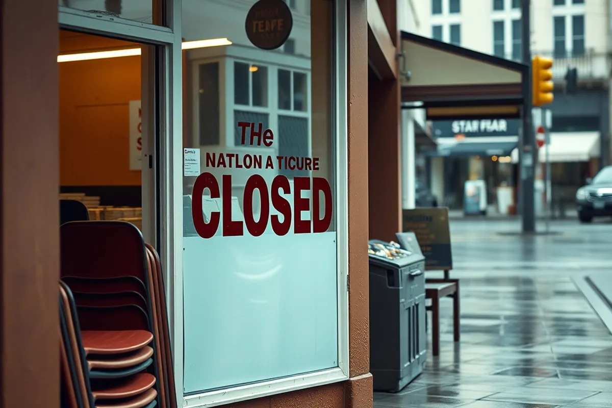 Storefront with a closed sign and stacked chairs