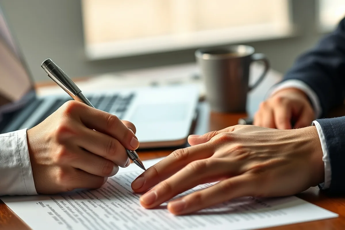 Signing a loan agreement at a desk with a laptop and coffee