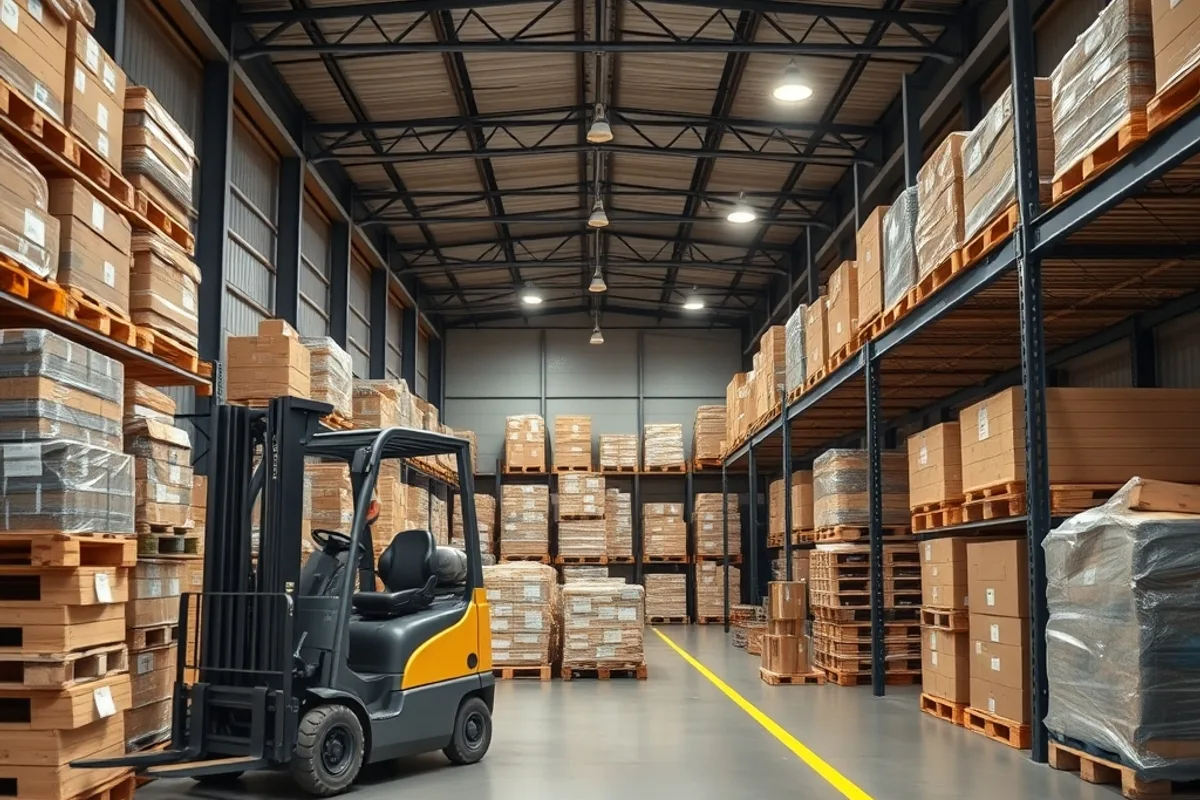 Warehouse of a small logistics company with pallets and a forklift