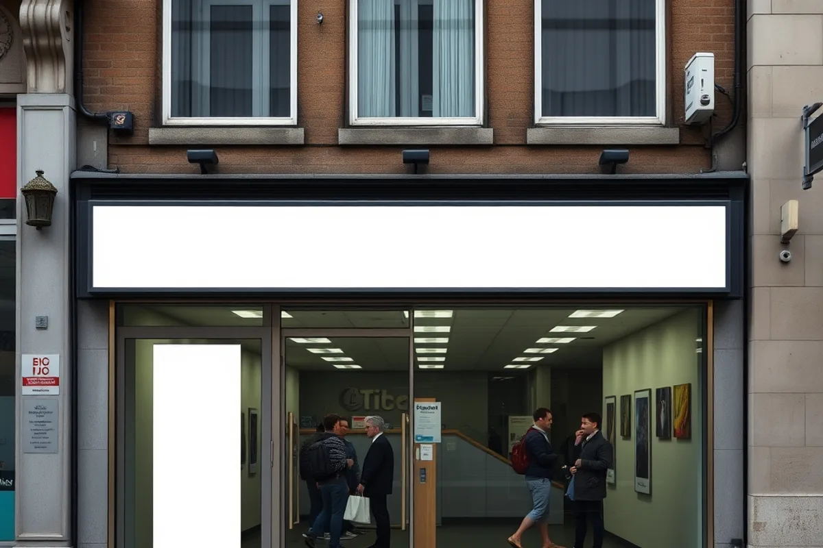 Bank branch on a high street with few customers inside