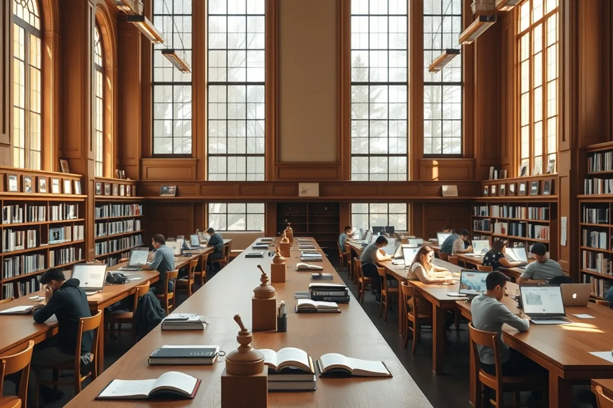 People reading and working at long tables inside a bright public library