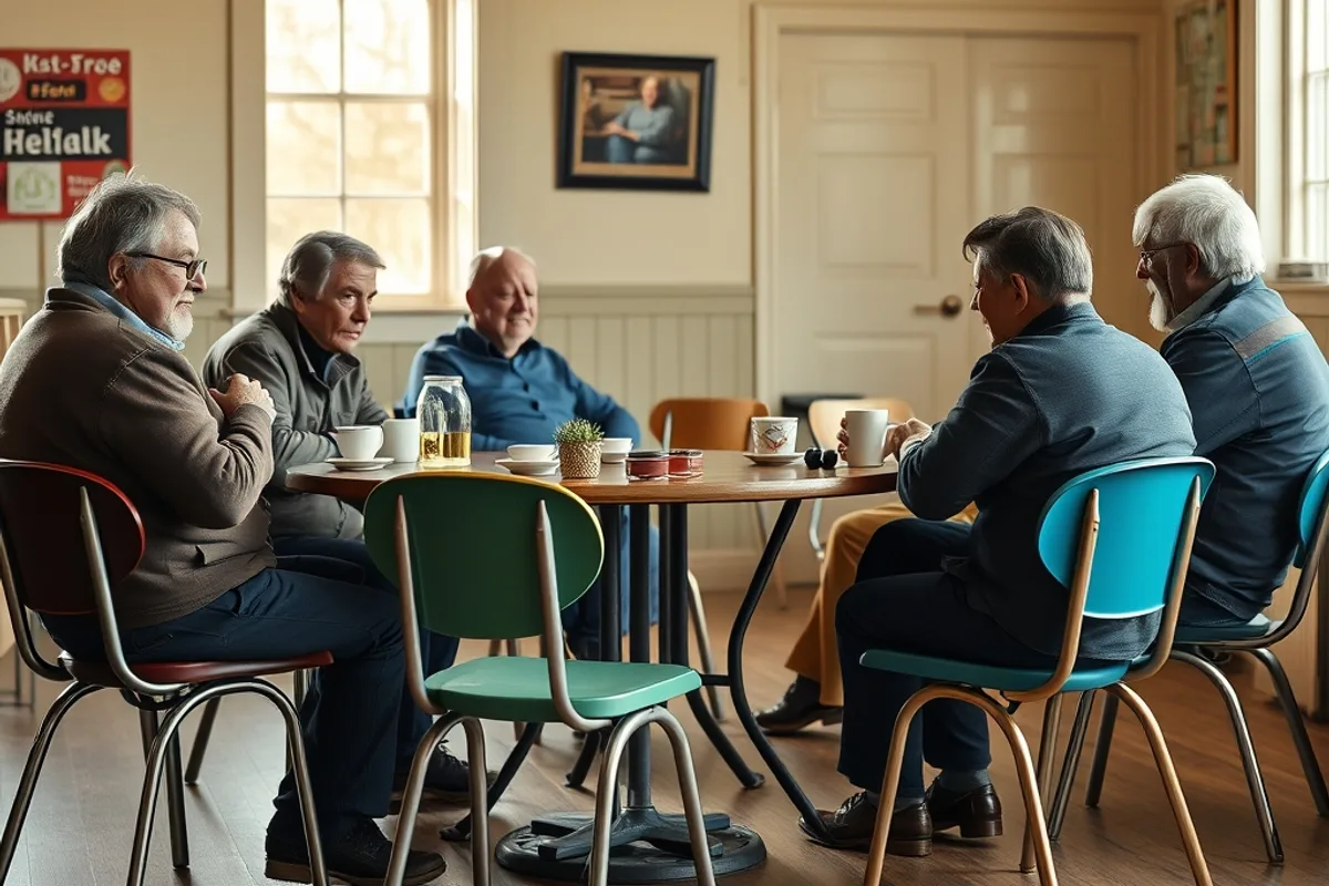 Regulars talking over coffee in a neighbourhood community hall