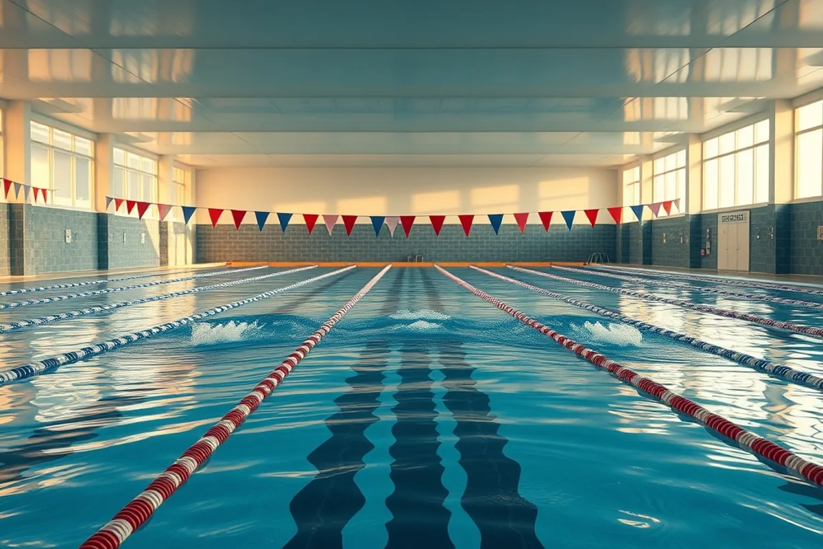 A public swimming pool with swimmers in early morning light