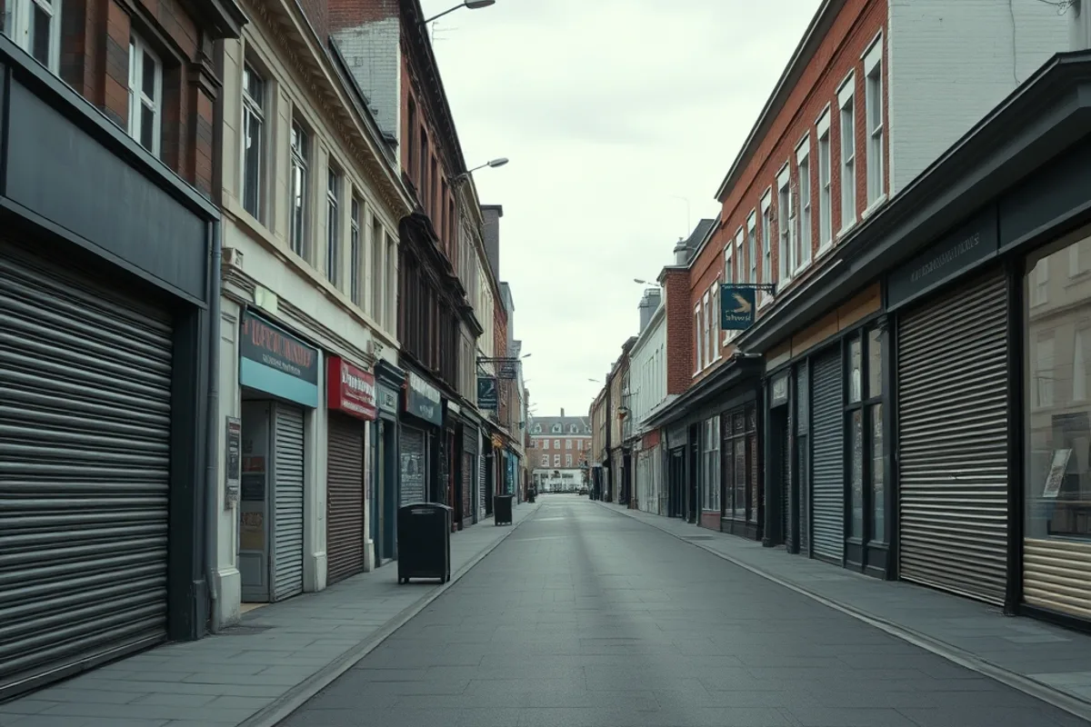 Empty high street with shuttered shops in the late afternoon