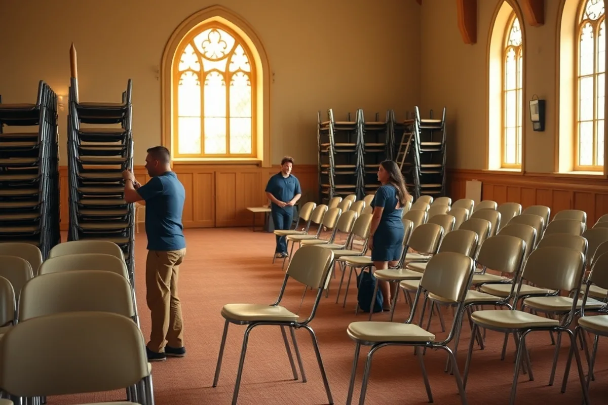 Volunteers setting up chairs for an evening event in a church hall